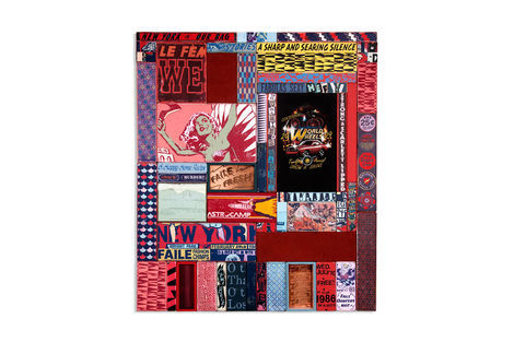 <p>Scarlett Lipped &amp; Faile Fresh<br/>
Acrylic, Silkscreen Ink, Fabric, Copper Plate on Wood, Steel Frame. 48.25 x 56.5 x 2.5 Inches. (122 x 143 x 6 cm.)</p>